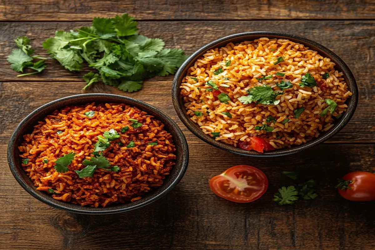 Comparison of red rice and Mexican rice in two bowls.