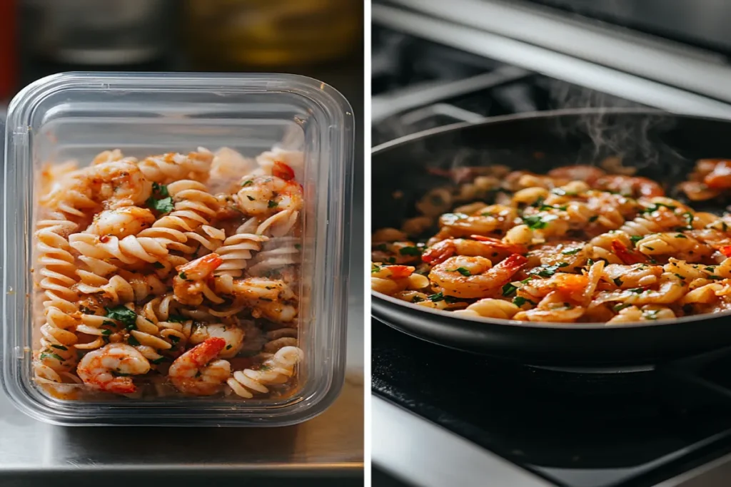 Properly stored and reheated seafood pasta in a pan.