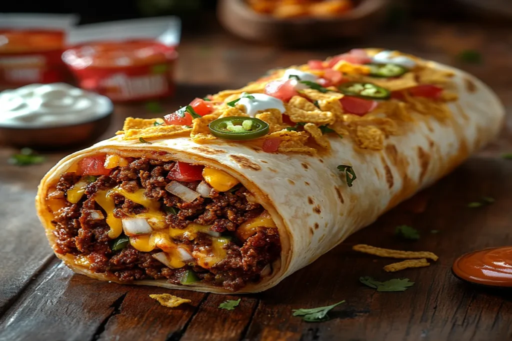 Beefy Melt Burrito on wooden table with fresh toppings