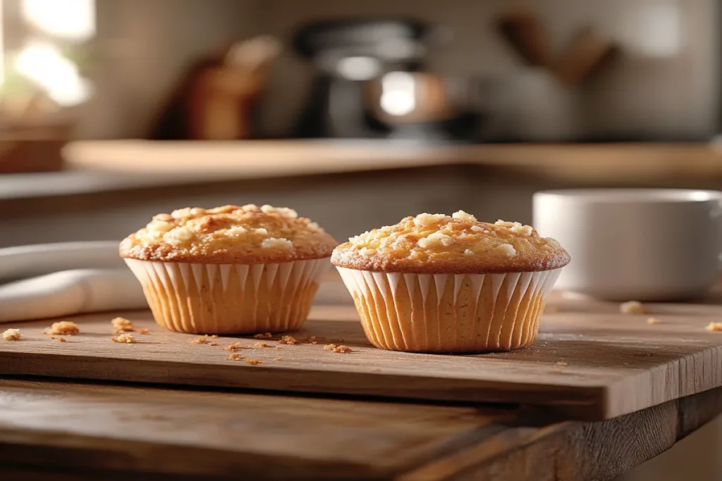 Freshly baked golden muffins on a wooden countertop
