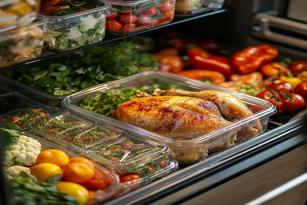 Properly stored leftover rotisserie chicken in an airtight container in the fridge