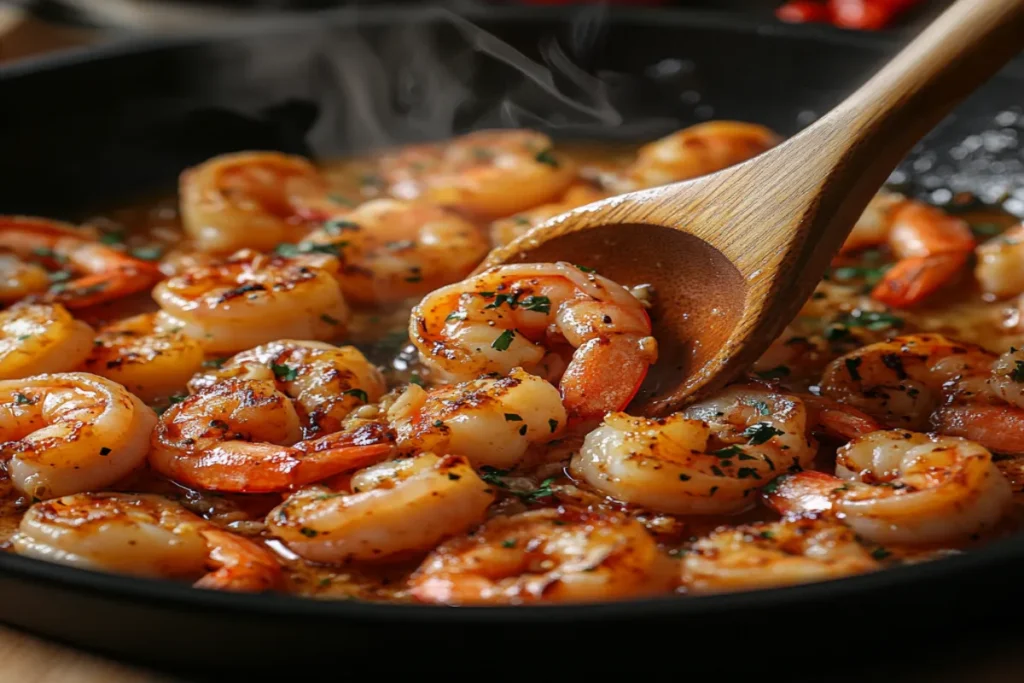 Shrimp cooking in a garlic butter sauce in a pan.