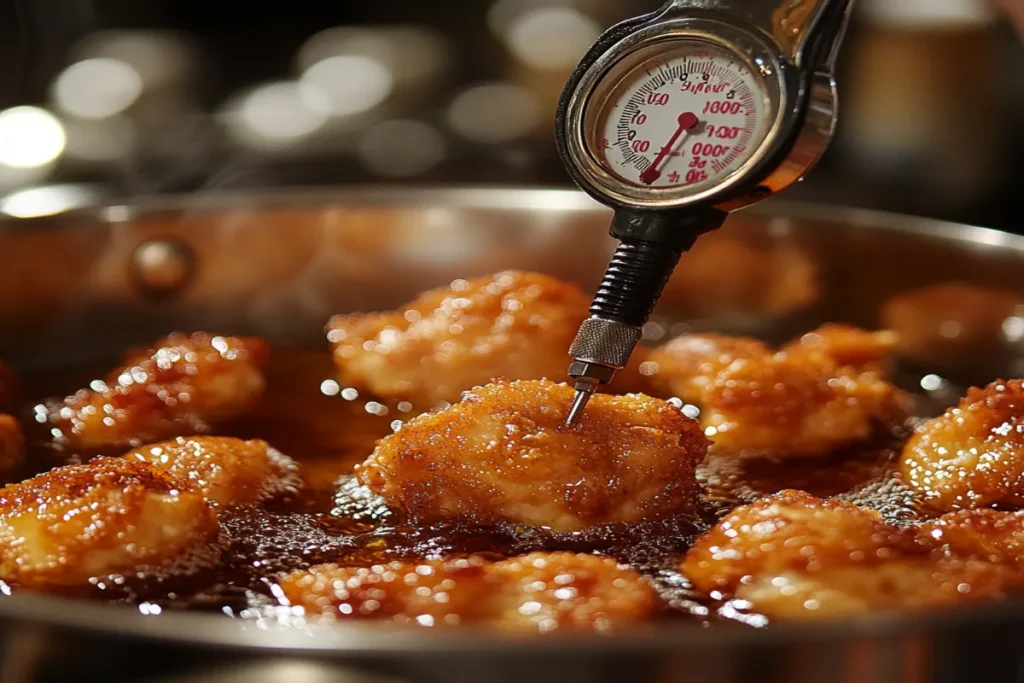 Measuring oil temperature for crispy chicken fritta