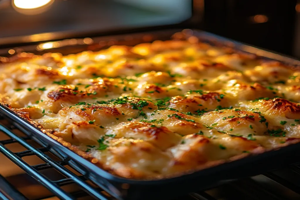 Baked Million Dollar Chicken Casserole with a golden crispy top