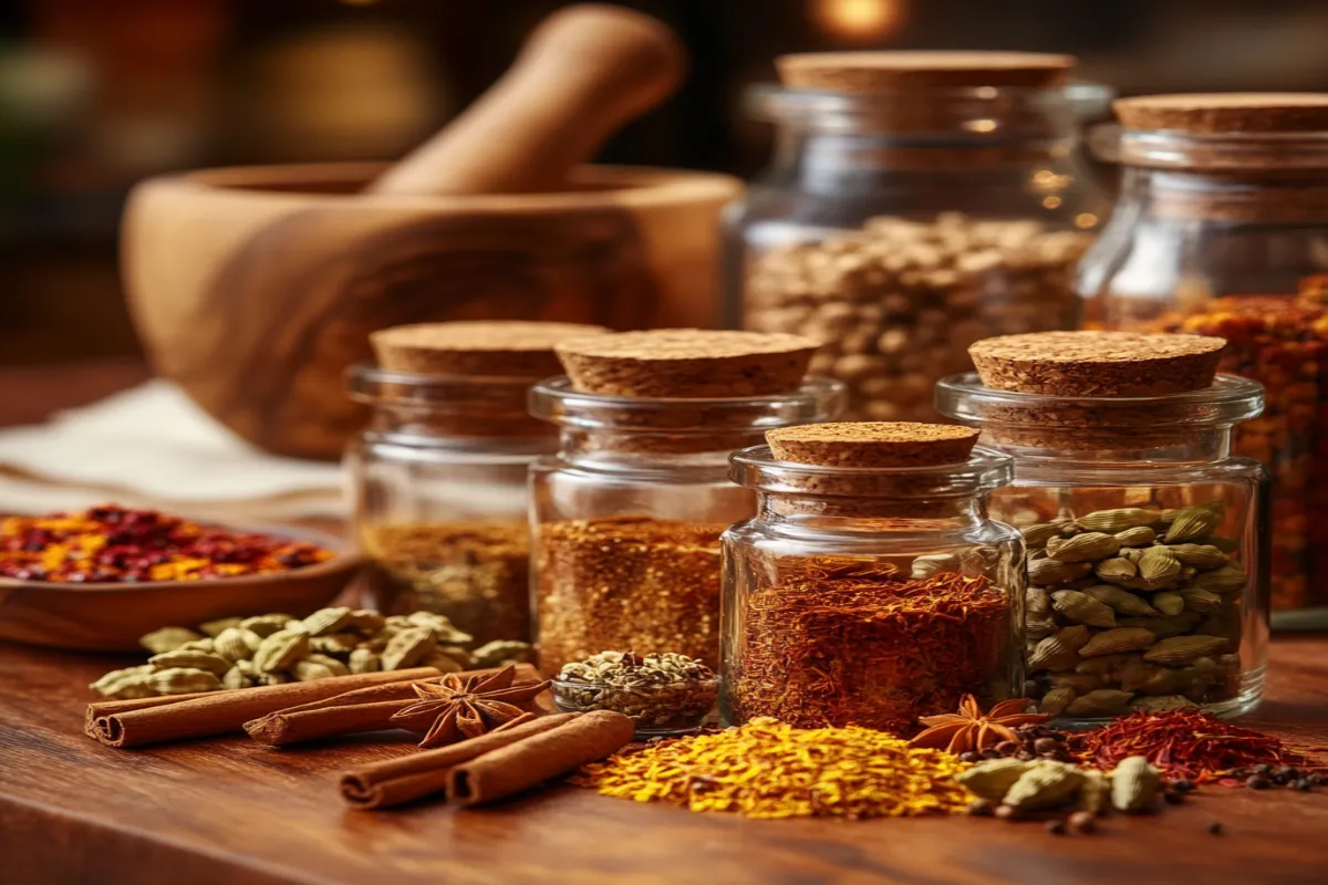 A collection of spices that pair well with saffron, displayed on a wooden counter.