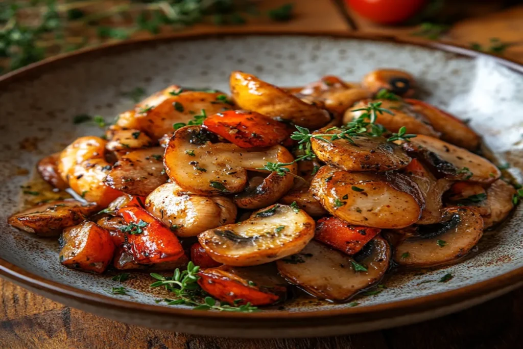 A plated lobster mushroom dish with fresh herbs.